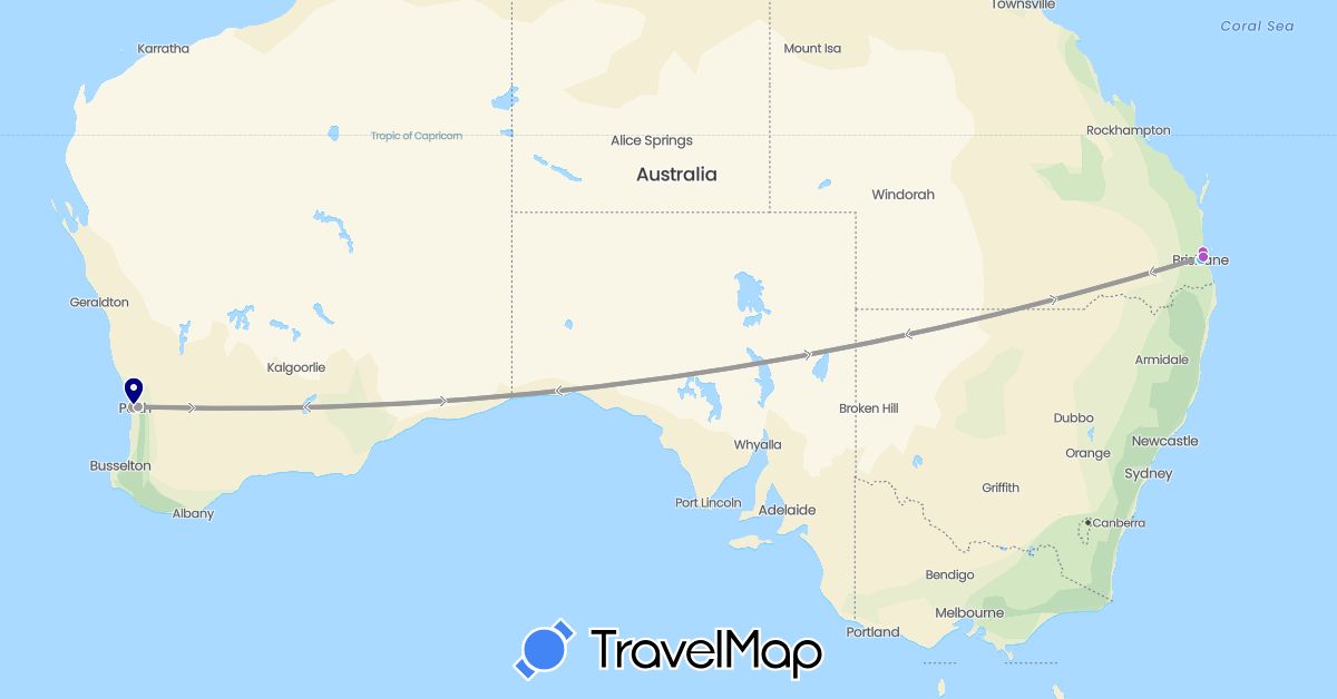 TravelMap itinerary: driving, plane, train, boat in Australia (Oceania)