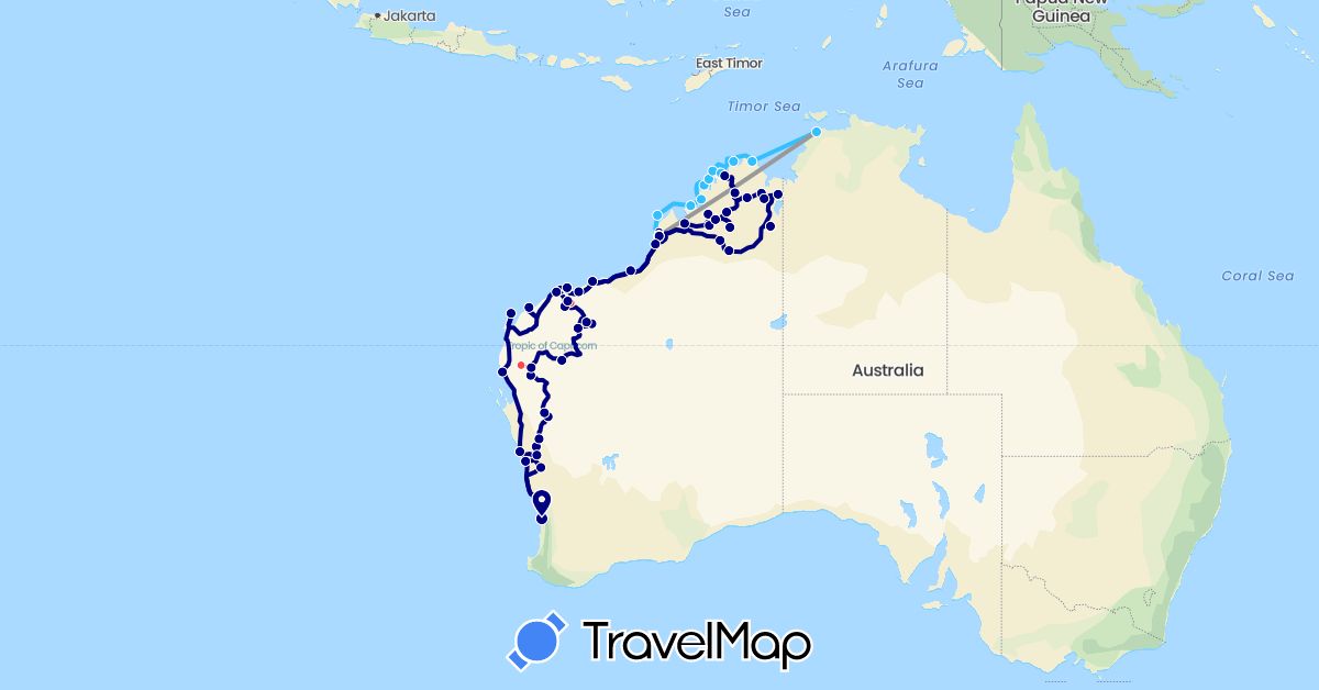 TravelMap itinerary: driving, plane, hiking, boat in Australia (Oceania)